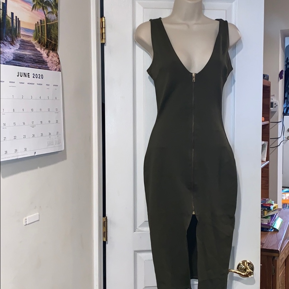 Olive green zipper detail dress